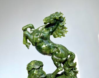 5‘’ Hand Carved Green Jade Horse Figurine • Modern Home Decor Sculpture