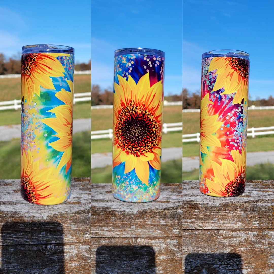 20oz. Skinny Stainless Steel Sublimation Tumbler, Tye Die, Sunflower