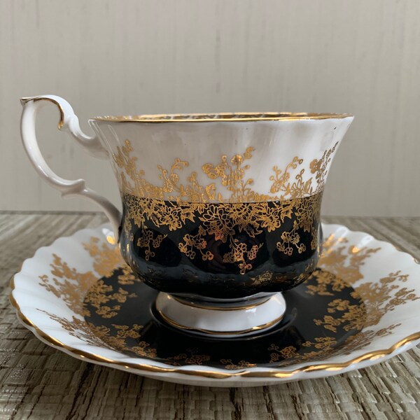 Royal Albert Regal Series Black and Gold Teacup and Saucer - Royal Albert 4396 - English Bone China