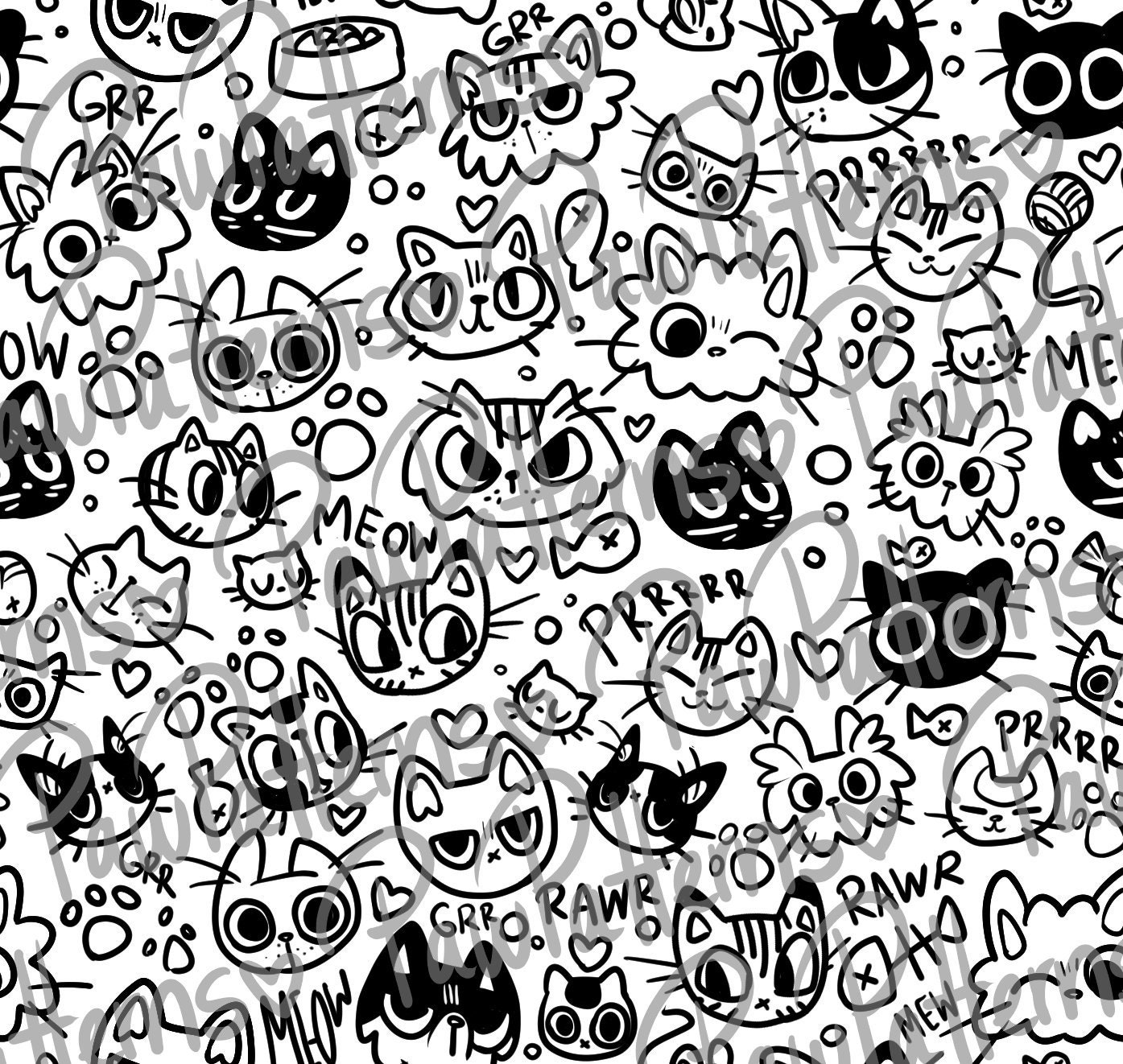 Black and White Kitty Cat Doodly Seamless Pattern Illustrated Cute Neko