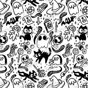 Blanco y Negro Halloween Doodly Seamless Pattern Illustrated Witchy Magic Ghost Skeleton Wicca Goth Scrapbook Digital Wrapping Paper