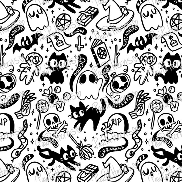 Black and White Halloween Doodly Seamless Pattern Illustrated Witchy Magic Ghost Skeleton Wicca Goth Scrapbook Digital Wrapping Paper