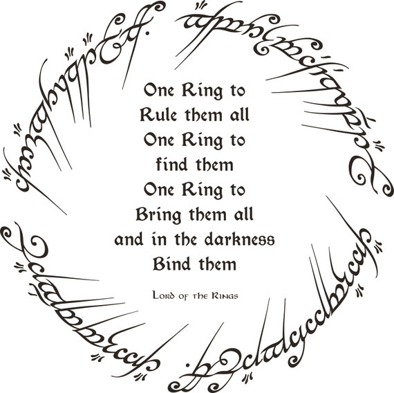 One Ring to rule them all, One Ring to find them, One Ring to bring them  all, and in the darkness bind them, In the Land of Mordor where the Shadows  lie.