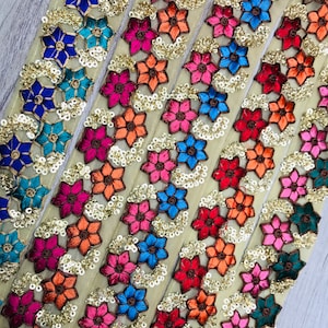 Net Fabric Trim-Multi Colour Embroidered Sari Border-Silk Sari Fabric-Dupattas,Quilt Silk Ribbon-Indian Fabric-Table Runner-Lehengas