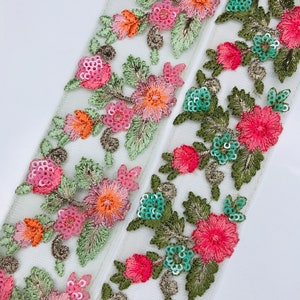 Net Fabric Border, Embroidered Sari Fabric Trim-Silk Ribbon-Saree Border Indian Lace Trim, Floral Embroidery, Sari Border Indian Trims, DIY