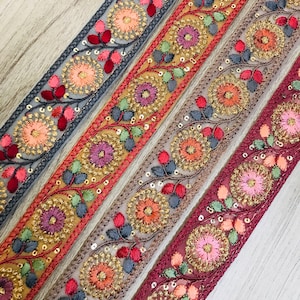 Floral Embroidery, Sari Border Indian Trims, Embroidered Sari Fabric Trim-Silk Ribbon-Saree Border Indian Lace Trim Silk Ribbon, Lehenga