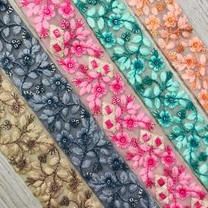 Floral Design Embroidered Sari Fabric Trim Border Beige Organza Fabric Boho Clothing Embellishment Tape Embroidered Ribbon | FabStitchIN