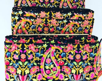 Trim By The Yard, Multi-color Bohemian Fabric Trim-Art Quilt Table Runner-Embroidered Silk Sari Ribbon Border-Silk Sari Fabric-India Fabric