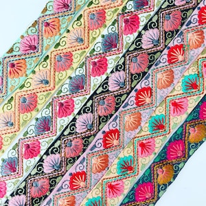 Multi-colored Bohemian Fabric Trim-Art Quilt Table Runner-Embroidered Silk Sari Ribbon Border-Silk Sari Fabric-India Fabric Trim By The Yard