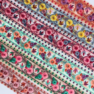 Multi-color Thread Embroidered Indian Trim Net Fabric Trim Sari Border Craft Ribbon Fabric Trimming Sewing Tape, Costume trim Silk Ribbons