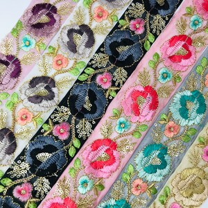 Floral Indian Embroidered Trims Embellishment Tape Boho Clothing Saree Ribbon Sewing Crafting Border Beige Organza Fabric | FabStitchIN