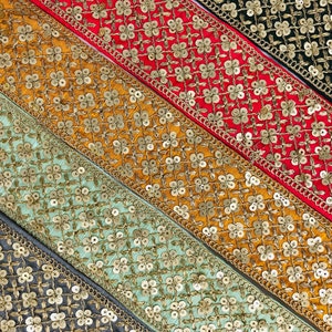 Sari fabric Indian trim, Sari Silk Fabric Trim-Embroidered Trim, Sari Border, Lehenga Fabric, Dupattas, Art Quilts Silk Ribbon, Table Runner