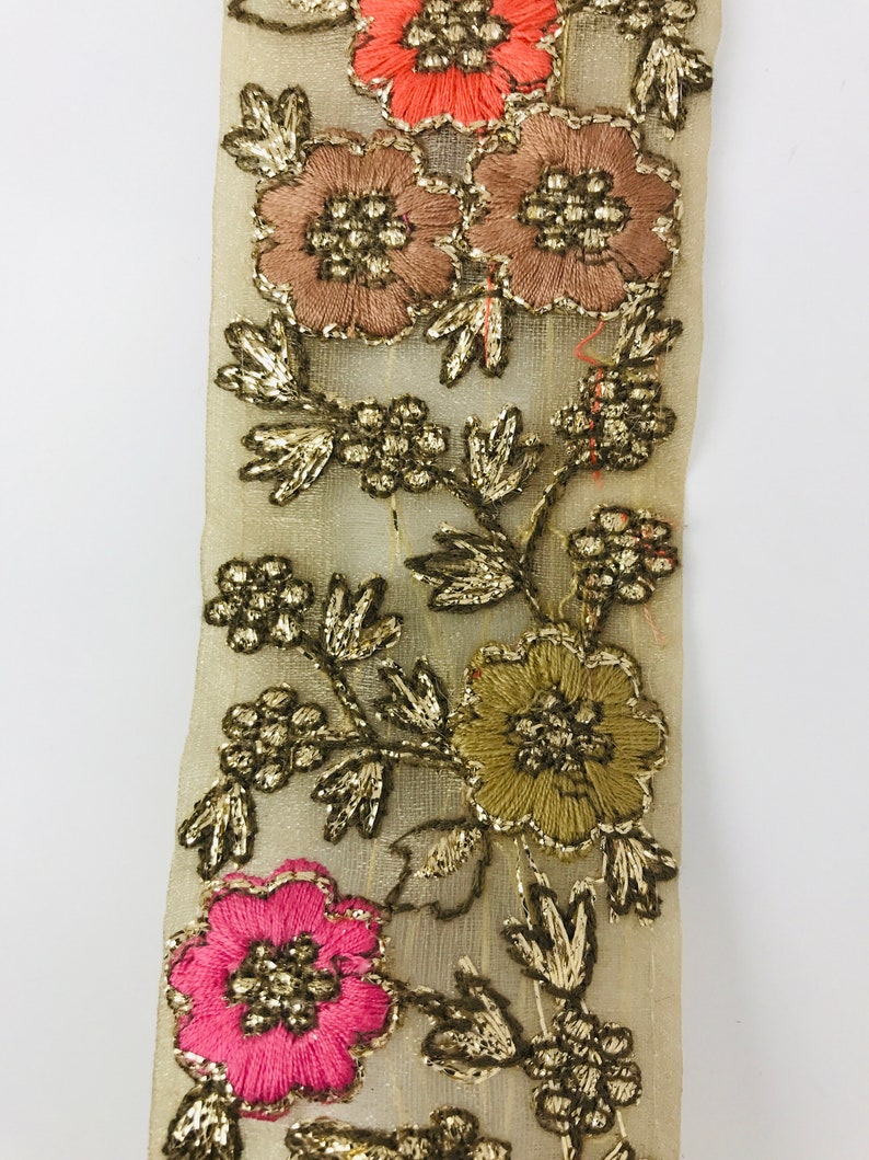 FabStitchIN Cushions Cover Golden Floral Embroidered Net Fabric Border Skirts Ribbons Trims from India for Sari Lehenga Laces