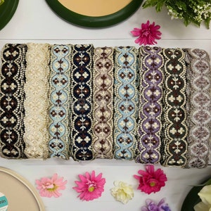 9 Yards Sari Fabric Trim, White Thread Embroidered Saree Border for boho junk journals, Table Runner, Indian Textiles Fabrics