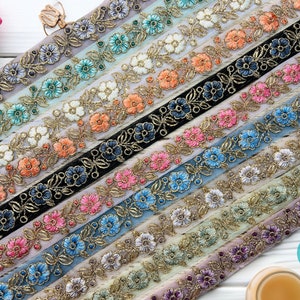 Beautiful Floral Design Net Fabric Embroidered Saree Trims, Ribbon, Laces, Sewing & Crafting Borders Sari Embellishment Tape by Fabstitchin