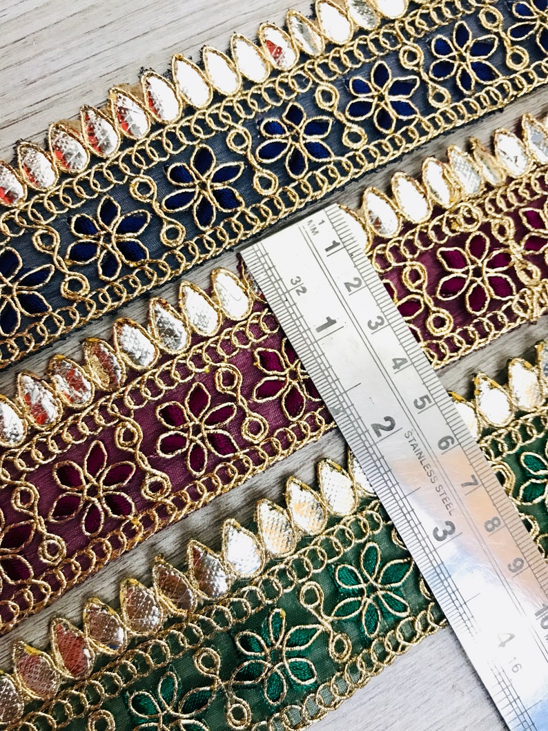 FabStitchIN Golden Embroidered Floral Trim Indian Sari Fabric Trim Saree Border Lehenga Sari Border Boho Skirt Art Quilt Fabric