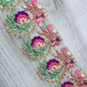 Net Fabric Trim-Multi Colour Embroidered Sari Border-Silk Sari Fabric-Dupattas,Quilt Silk Ribbon-Indian Fabric-Table Runner-Lehengas