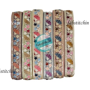 Floral Net Fabric Trim, Multi Colour Embroidered Sari Border, Silk Sari Fabric, Dupattas, Quilt Silk Ribbon, Indian Fabric, Table Runner