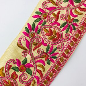 Bohemian Floral Trims Embellishment Tape vintage embroidery Saree Ribbon Sewing Crafting Border Beige Organza Fabric | FabStitchIN