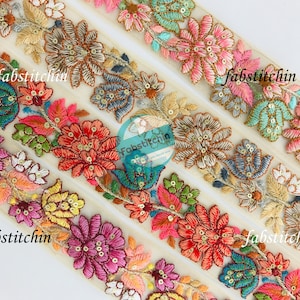 Net fabric Indian trim, Sari Silk Fabric Trim-Embroidered Trim, Sari Border, Lehenga Fabric, Dupattas, Art Quilts Silk Ribbon, Table Runner