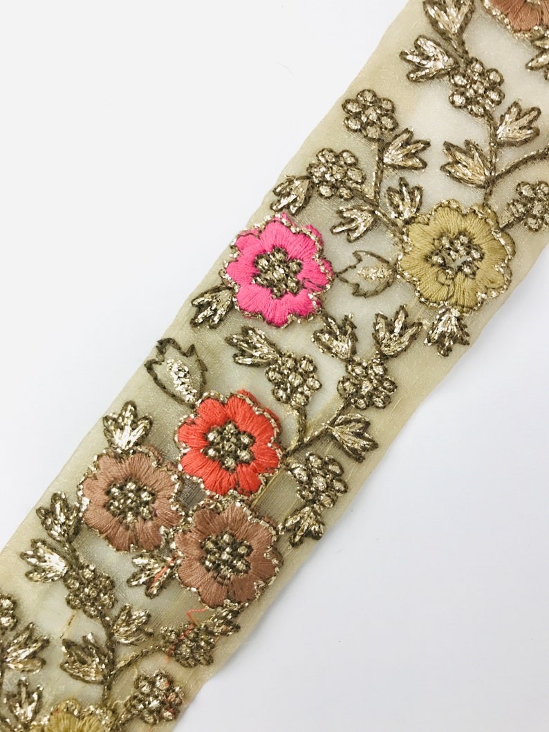 FabStitchIN Cushions Cover Golden Floral Embroidered Net Fabric Border Skirts Ribbons Trims from India for Sari Lehenga Laces