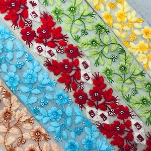 Floral Design Embroidered Sari Fabric Trim Border Beige Organza Fabric Boho Clothing Embellishment Tape Embroidered Ribbon | FabStitchIN