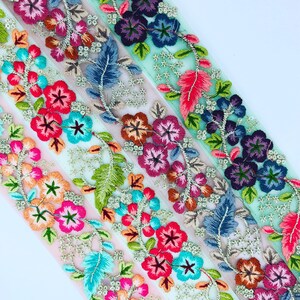 Net Fabric Trim-Multi Colour Embroidered Sari Border-Silk Sari Fabric-Dupattas,Quilt Silk Ribbon-Indian Fabric-Table Runner-Lehengas
