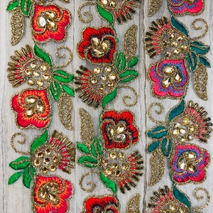 Floral Design Embroidered Net Fabric Lace Floral Fabric Trim Wedding Dress Border Saree Fabric Art Quilt Lehenga Table Runner | FabStitchIN