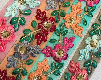 Beautiful Floral Design Trims Sewing Crafting Border Beige Organza Fabric Embellishment Tape Indian Embroidered Saree Ribbon | FabStitchIN