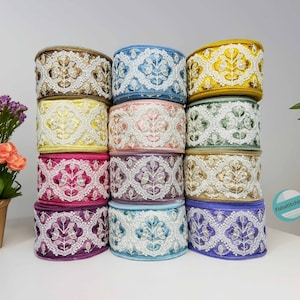 9 Yards Floral Embroidered Saree Border Indian Lace Trim, Sari Fabric Trim, Tulle Fabric Art Quilt fabric trim Sari Border Silk Ribbon