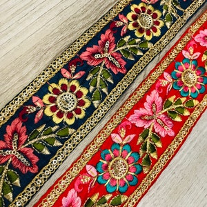Silk Fabric Trim-Multi Colour Embroidered Sari Border-Silk Sari Fabric-Dupattas,Quilt Silk Ribbon-Indian Fabric-Table Runner-Lehengas FSI