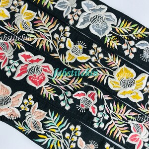 9 Yards Wholesale Floral Multi Colour Embroidered Fabric Trim Sari Border-Silk Sari Fabric-Dupattas, Quilt Silk Ribbon Table Runner-Lehengas