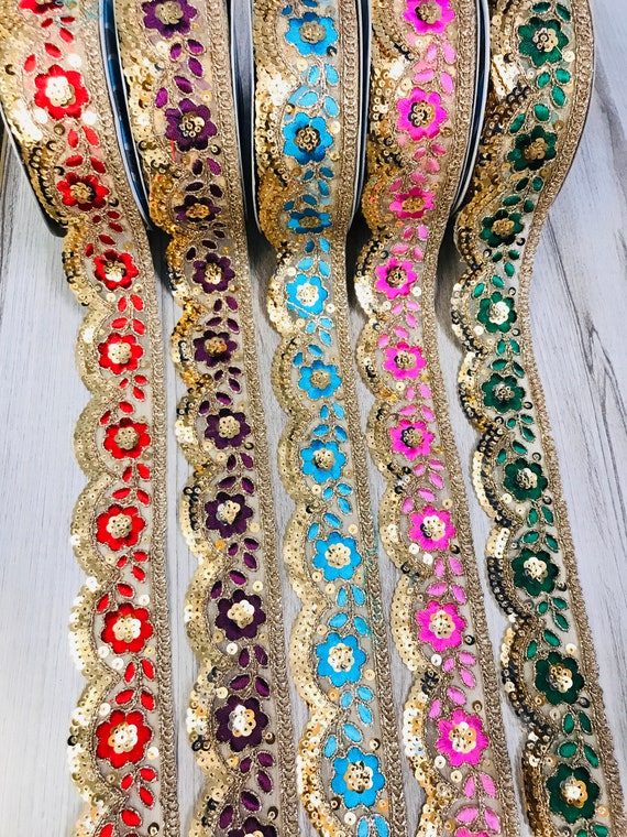 Beautiful Golden Trims Embroidered Floral Saree Ribbon Embellishment Tape  Indian Sewing Crafting Border Beige Organza Fabric Fabstitchin 