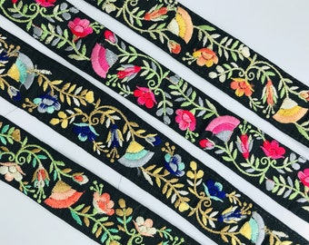 Multi-colored Bohemian Fabric Trim-Art Quilt Table Runner-Embroidered Silk Sari Ribbon Border-Silk Sari Fabric-India Fabric Trim By The Yard
