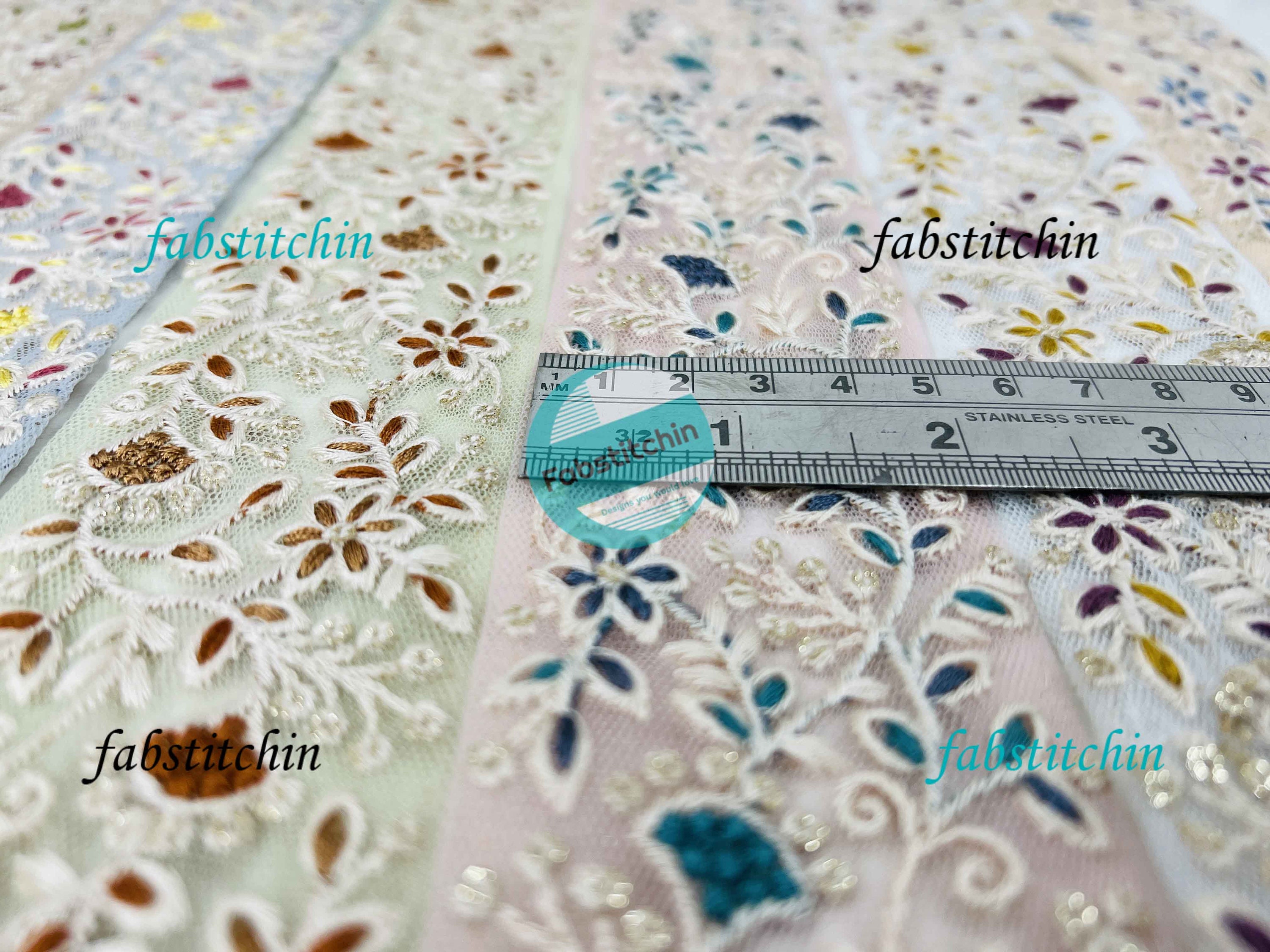 9 Yards Net Fabric Sari Fabric Trim, Multi Color Embroidered Saree
