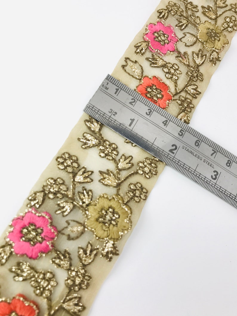 FabStitchIN Cushions Cover Golden Floral Embroidered Net Fabric Border Skirts Ribbons Trims from India for Sari Lehenga Laces