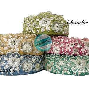 Floral embroidered Indian Ribbon Net Fabric Lace Trim By The Yard, Table Runner-Art Quilt fabric trim-Silk Sari Border Trim-Silk Fabric Trim