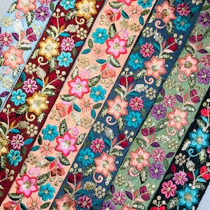 Beautiful Floral Organza Fabric Ribbon Sari Fabric Trim Embroidered Saree Border Trim Quilt India Fabric Table Runner Lehenga | FabStitchIN