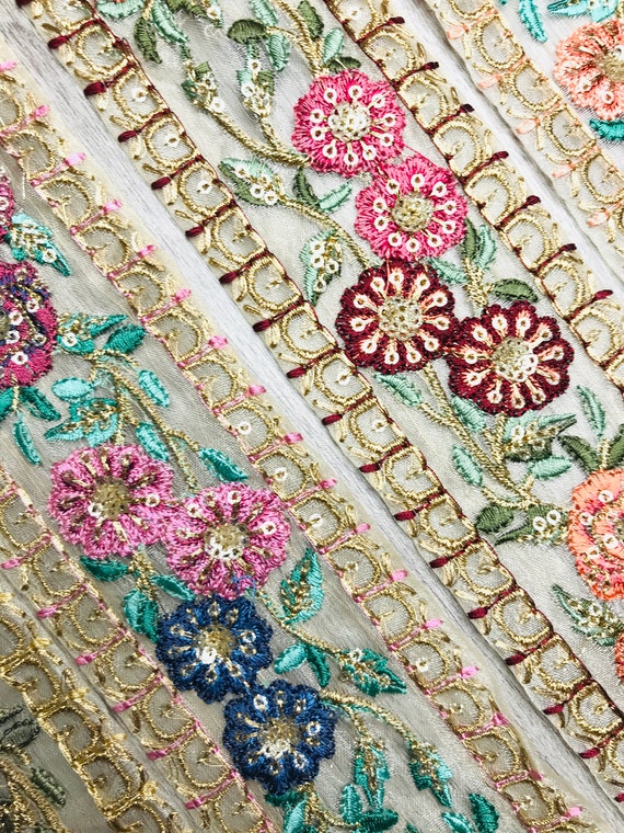 Buy Beautiful Floral Design Sari Fabric Embroidered Trim Ribbon