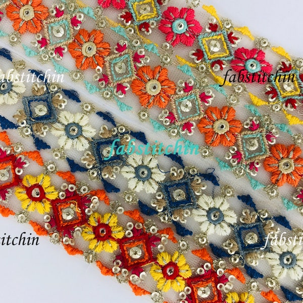 Floral Embellishment Net Fabric Trim-Multi Colour Embroidered Sari Border-Dupattas, Quilt Silk Ribbon-Indian Fabric-Table Runner-Lehengas