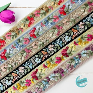 Floral Embroidered Trim for Hat Bands, Sari Border bag strap, galon guitar belt, Junk Journal Supplies, Boho Saree Ribbon Trim Fabstitchin
