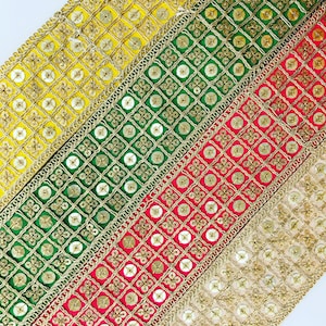 Sari Silk Fabric Trim-Embroidered Trim, Sari fabric Indian trim, Sari Border, Lehenga Fabric, Dupattas, Art Quilts Silk Ribbon, Table Runner