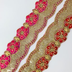 Sparkling Floral Design Embroidered Sari Net Fabric Trim Border Organza Fabric Boho Clothing Embellishment Tape & Ribbon | FabStitchIN