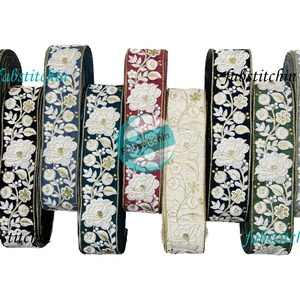 Saree Border Indian Lace Trim White Floral Embroidery Silk Fabric Trim, Sari Borders, Dupattas, Quilts, Ribbons, Table Runners and Lehengas