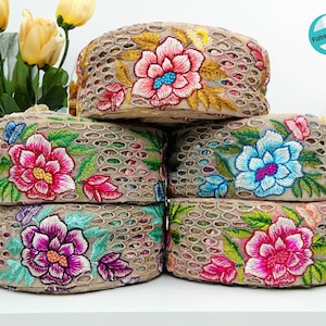 Floral Trim By The Yard, Embroidered Ribbon Tape Sari Fabric Trim-Table Runner-Art Quilt fabric trim-Silk Sari Border Trim-Silk Fabric Trim