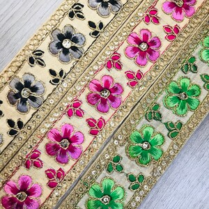Blumenmuster, indische gestickte Bordüre, nähen, dekorativer Stoff, Sari Zierkissen, Besatz, Bänder, Bänder FabStitchIN
