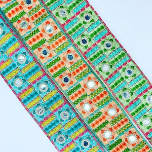 Multi-colored Embroidered Trim-Art Quilt Table Runner, Bohemian Silk Sari Ribbon Border-Silk Sari Fabric-India Fabric Trim By The Yard