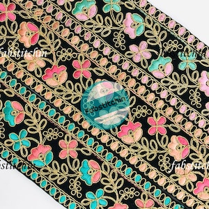 Indian Lace Trim By The Yard, Black Velvet Fabric Saree Border, embroidered Ribbon Sari Fabric Trim, Indian Lehenga Skirt, Sari Border