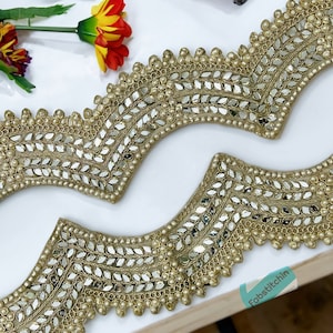 Indian Lace Zari Embellished Gold Pearl Crystal Mirror Scallop Sequin Embroidered Zardozi Border Trim Sari Trim Wedding dress Lehenga Gown
