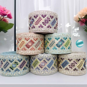 9 Yards Sari Fabric Trim, Multi Color Thread Embroidered Saree Border for Table Runner, Lehengas, Skirts, boho junk journals, Wedding Dress